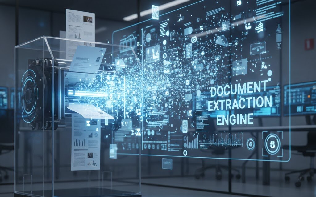Illustration of documents being converted into structured digital information