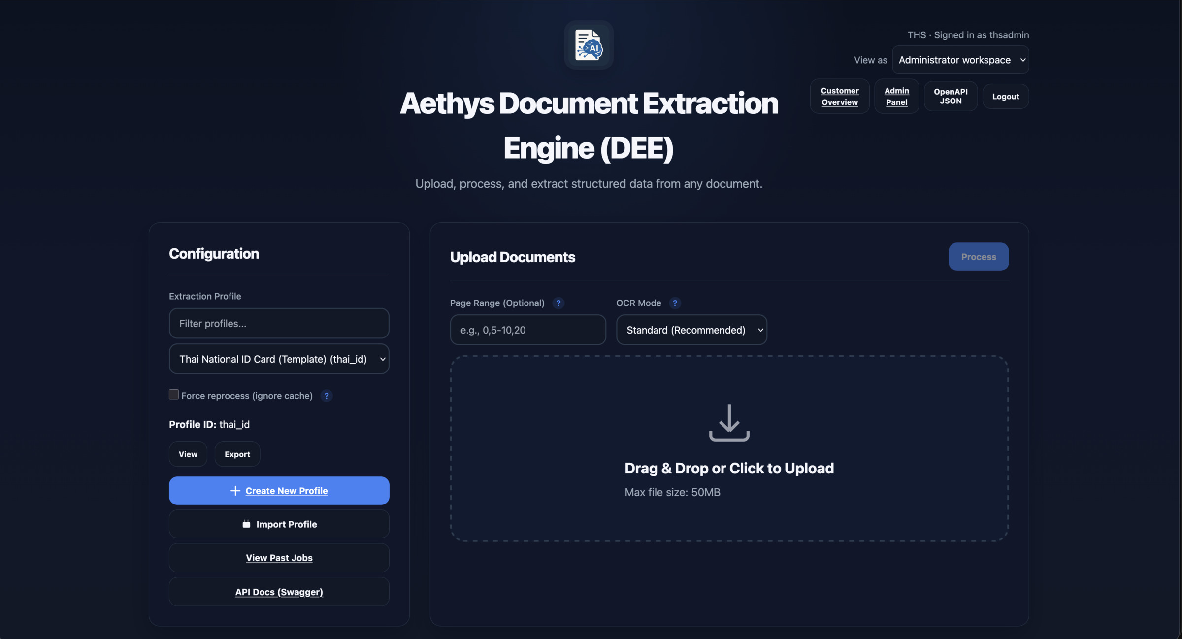 Current Aethys Document Extraction Engine upload and configuration workspace