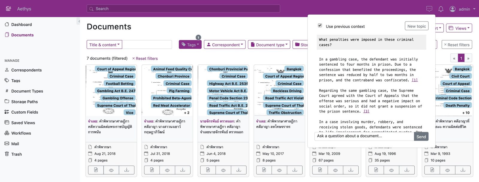 AI search scoped by a tag filter: 7 filtered documents and a cited answer